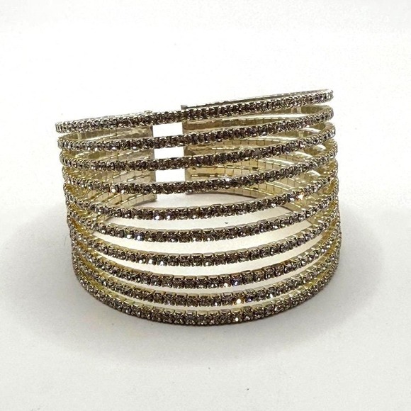 Jewelry - Gold Tone Multi Row Rhinestone Cuff Bracelet 10 Band Crystal Statement Bangle